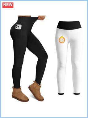 Fleece Lined Leggings High Waist Tummy Control Thermal Winter Pants Pockets